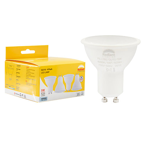 Radiant GU10 Frosted Lens 5W LED Lamp – GU10, 4 Pack, 4000K Cool White