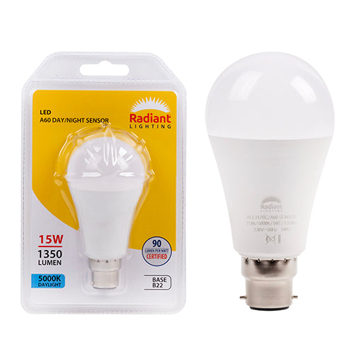 Radiant A60 Day/Night Sensor 15W LED Bulb – B22 Bayonet, 5000K Daylight