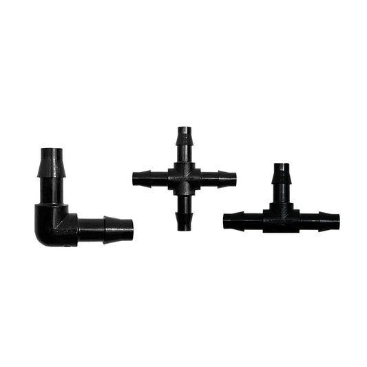 Microjet Micro-Tube Fittings, Adaptors and Blank Plugs – 2BA, 4.5mm Barbed Elbows, Tees, Crosses and Plugs (BG, BH Series)