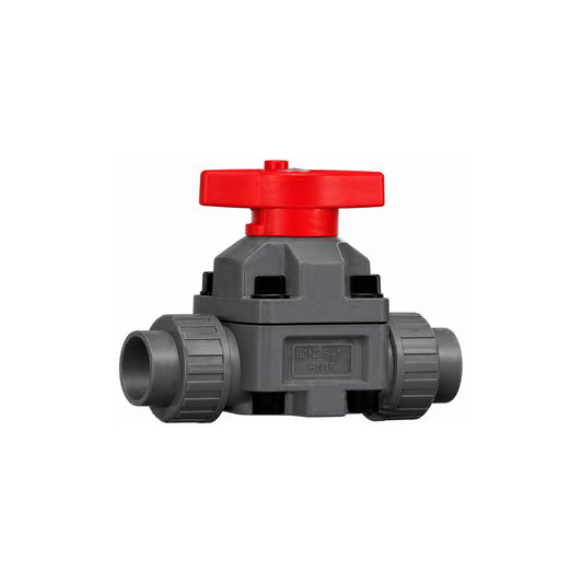 Double union diaphragm valve with plain socket ends and EPDM seals