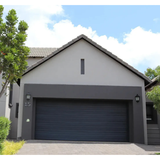 Horizontal steel sectional garage door with modern horizontal panel design, durable powder coated finish, available in single, double and caravan sizes.