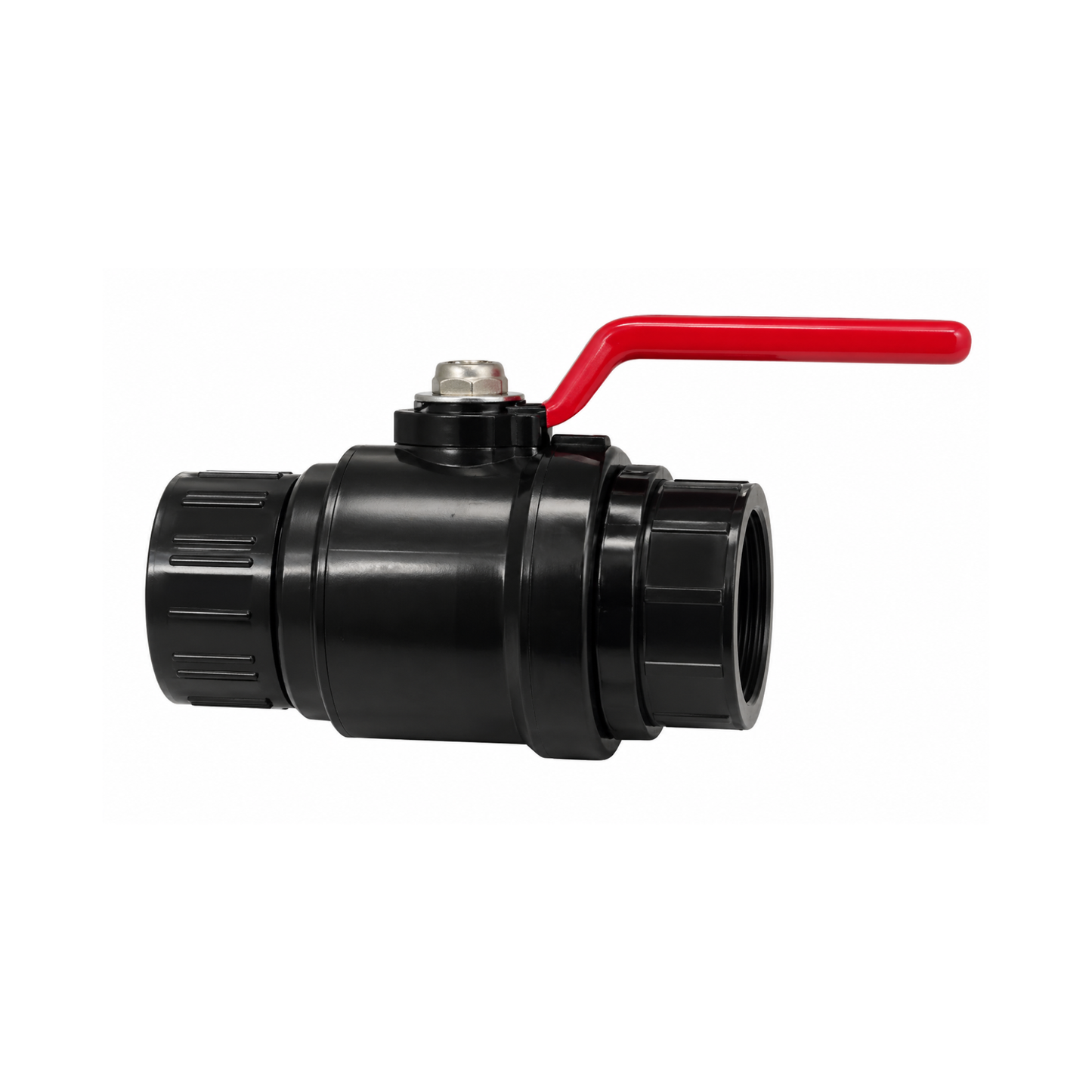 Two-piece PVC ball valve with plain socket ends and stainless steel handle