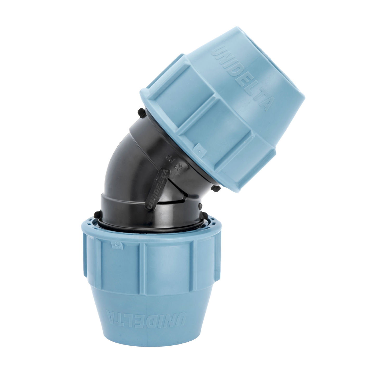 Unidelta Compression 45° Elbow N | PE Pipe Direction Change in Unidelta blue and black compression fitting range for PE pipe systems | Zisabo South Africa