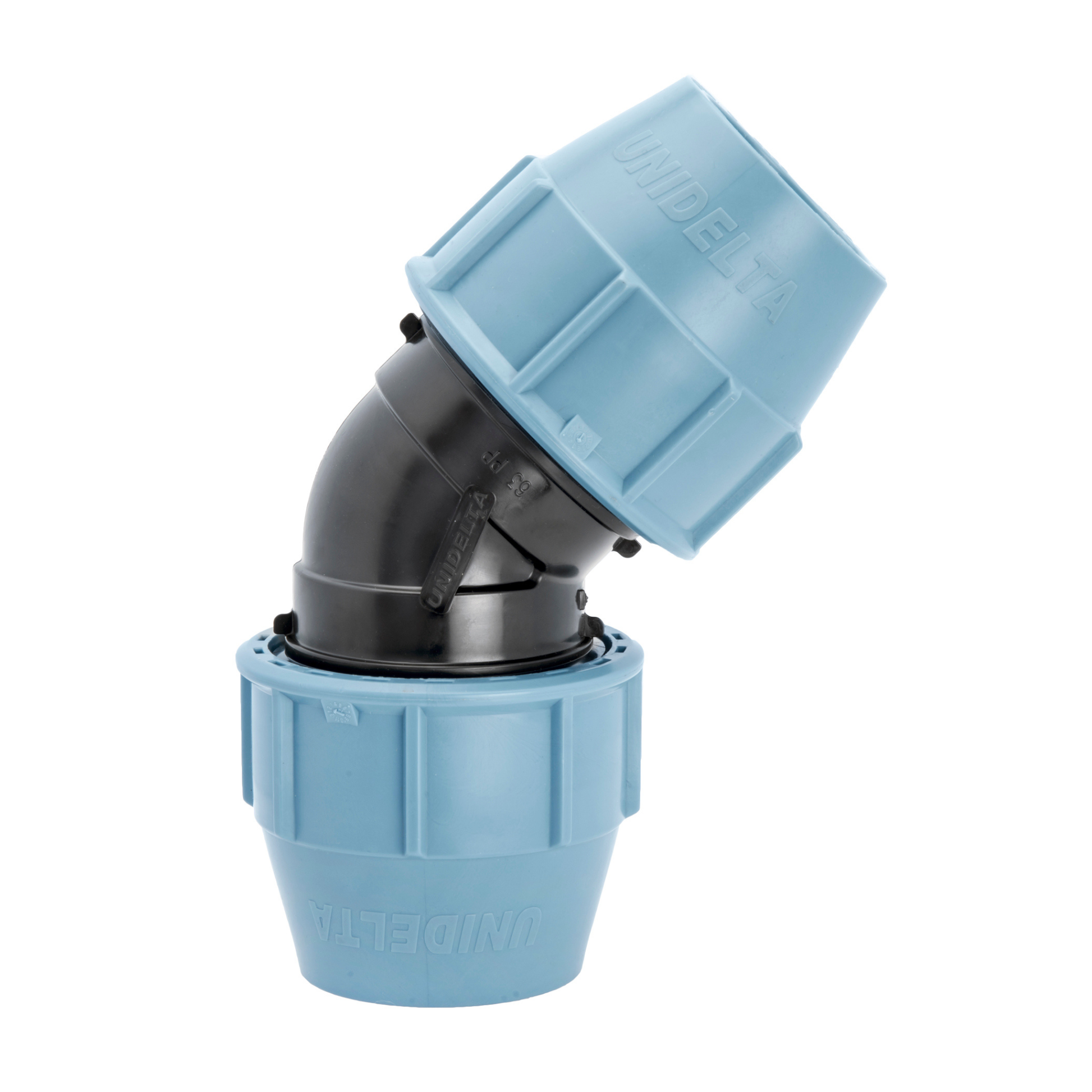 Unidelta Compression 45° Elbow N | PE Pipe Direction Change in Unidelta blue and black compression fitting range for PE pipe systems | Zisabo South Africa