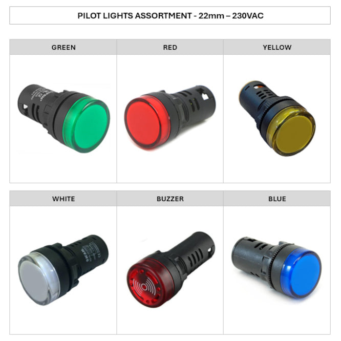 Swan Electric Assortment of 22mm 230V LED Pilot Lights ( 12PCS, 2 of Ea.)