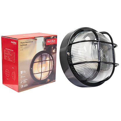 Eurolux black round plastic grid bulkhead light E27