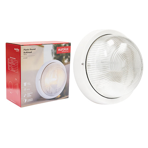 Eurolux white round plastic bulkhead light with clear glass shade