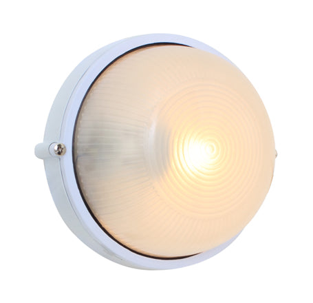 Eurolux white round die-cast bulkhead light with frosted glass shade