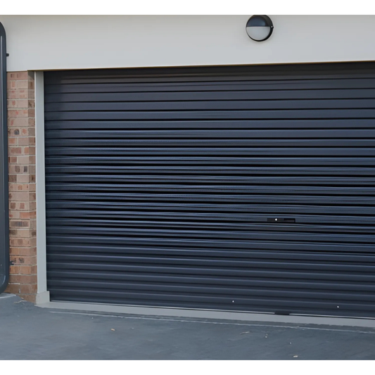 Roll up garage door made from durable steel slats, compact vertical rolling design suitable for garages, workshops and storage spaces.