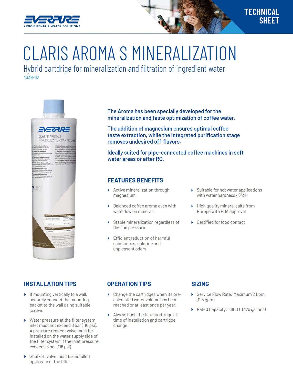 Claris Aroma specification sheet for coffee machine water filter