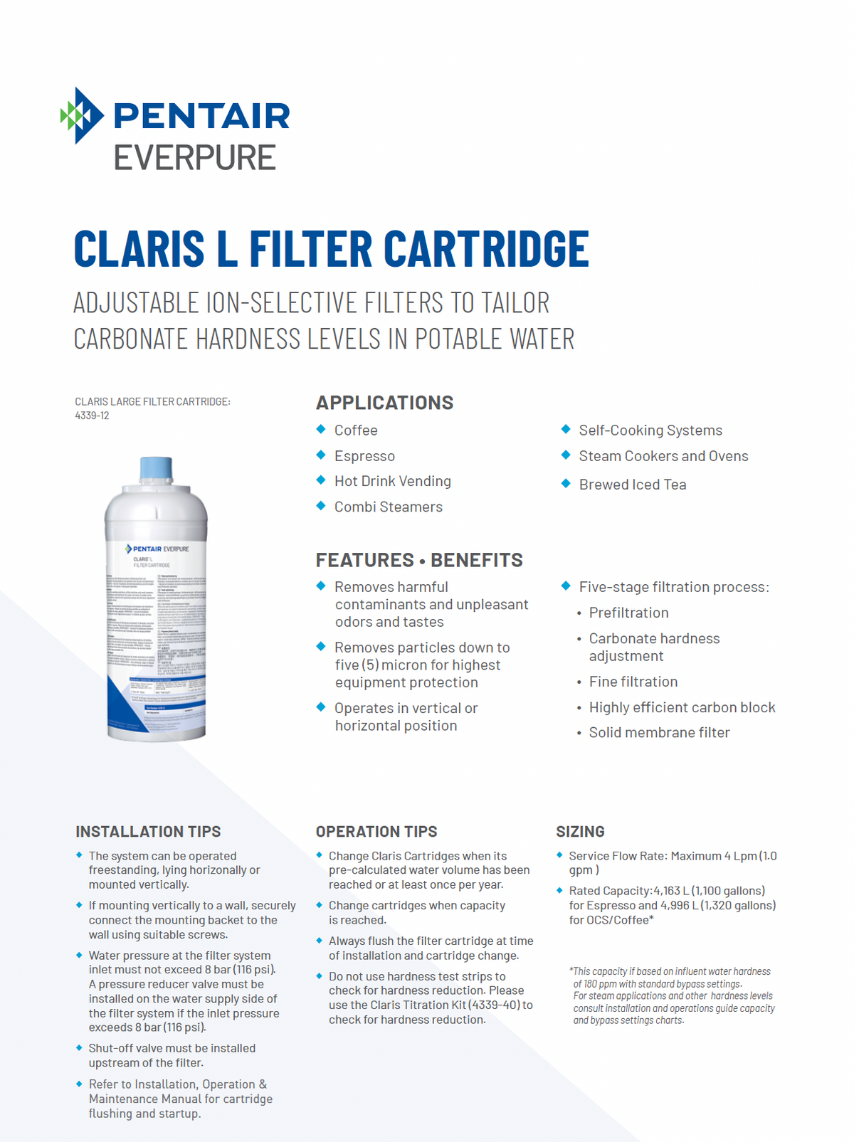 Claris Large water filter cartridge, 5 micron, adjustable hardness