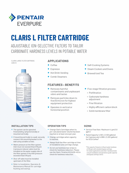 Claris Large water filter cartridge, 5 micron, adjustable hardness