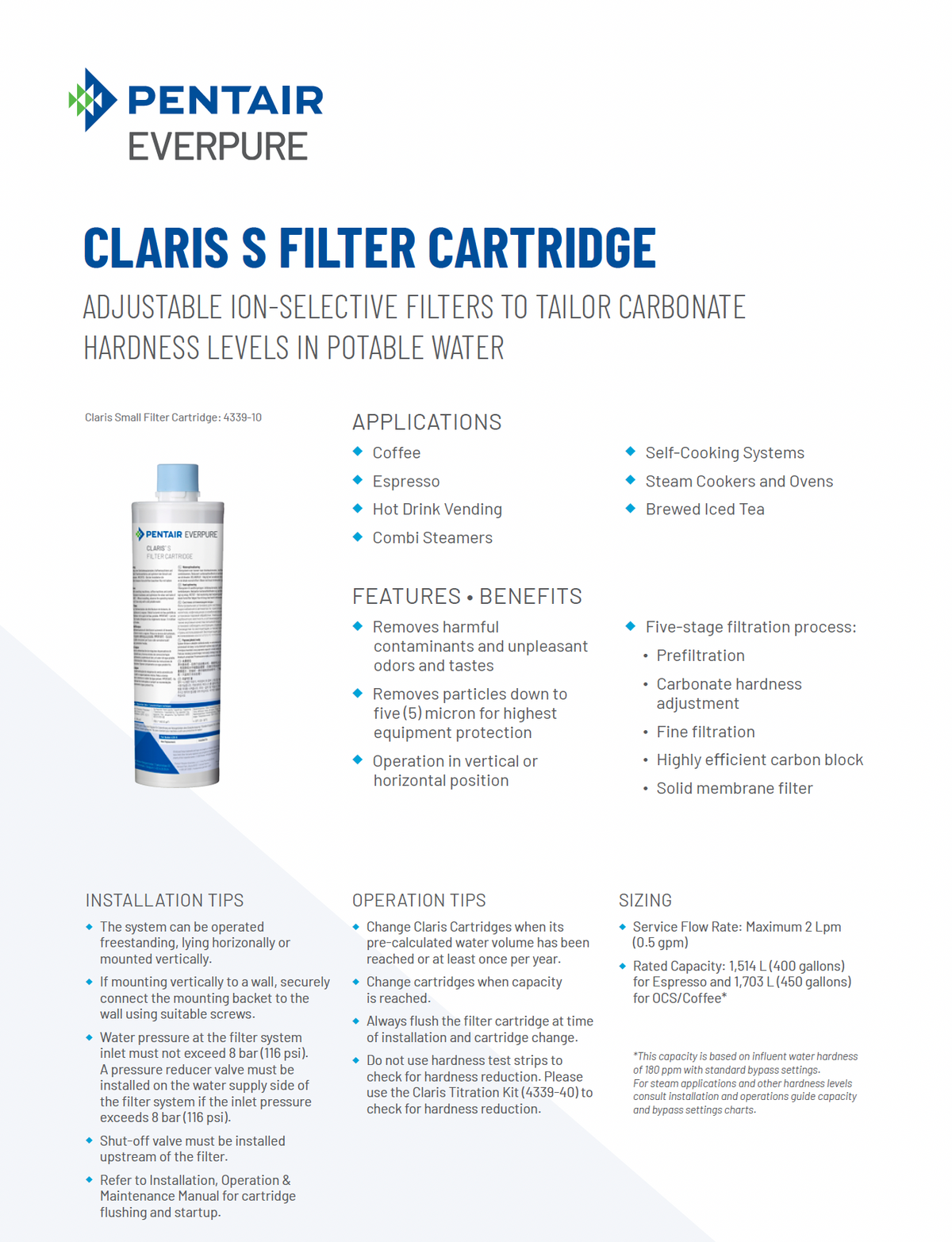 Claris Small filter cartridge for combi oven and coffee machine water