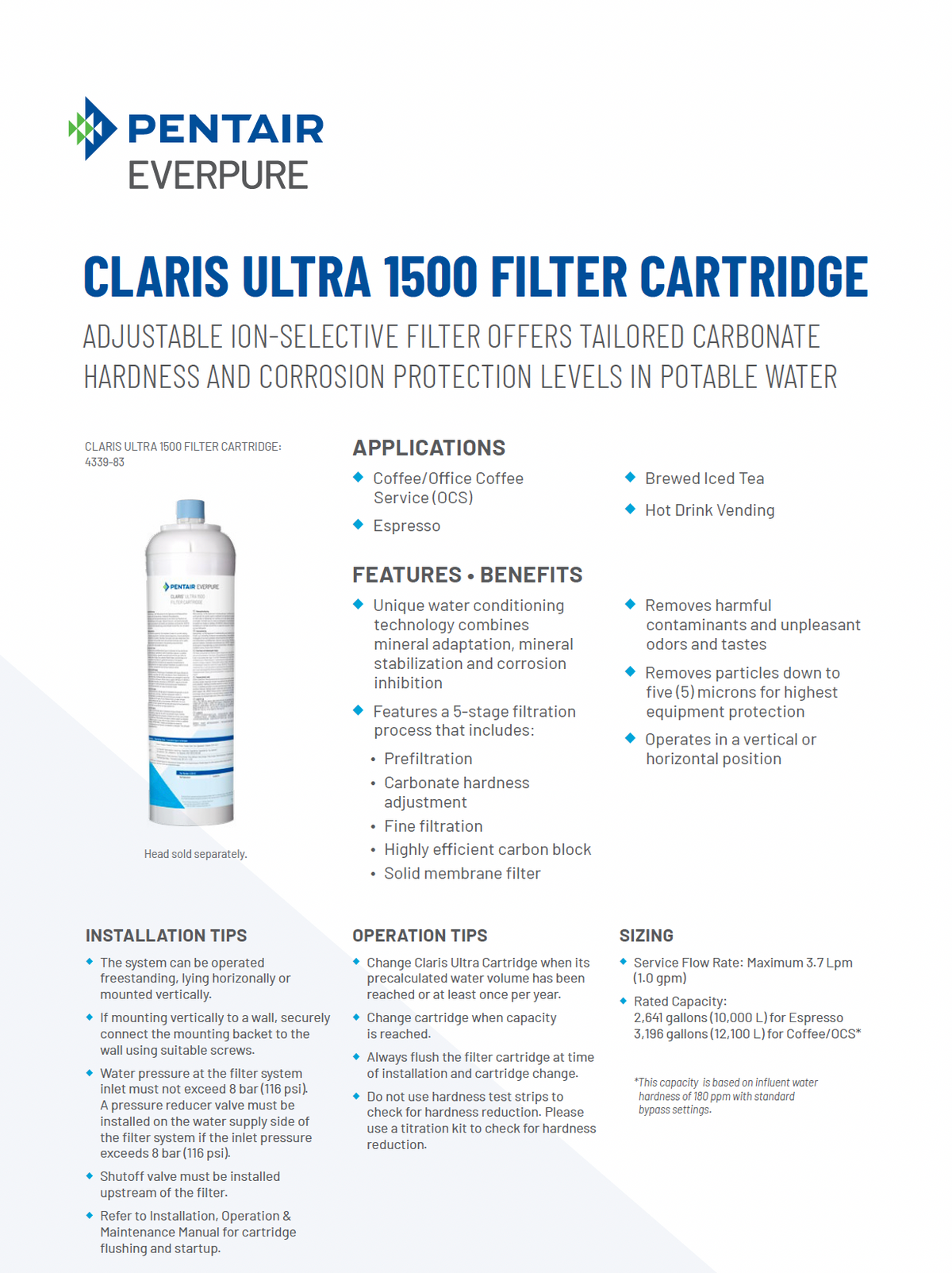 Claris Ultra 1500 water filter cartridge for hard water coffee systems