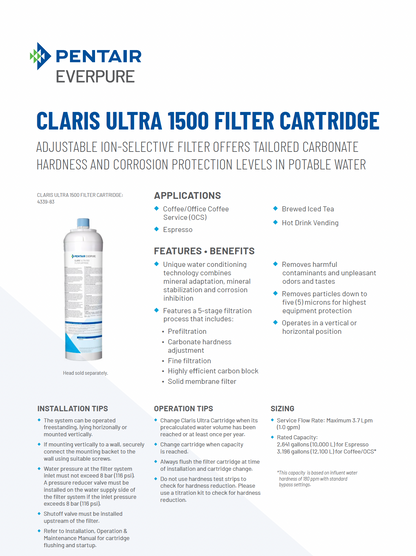 Claris Ultra 1500 water filter cartridge for hard water coffee systems