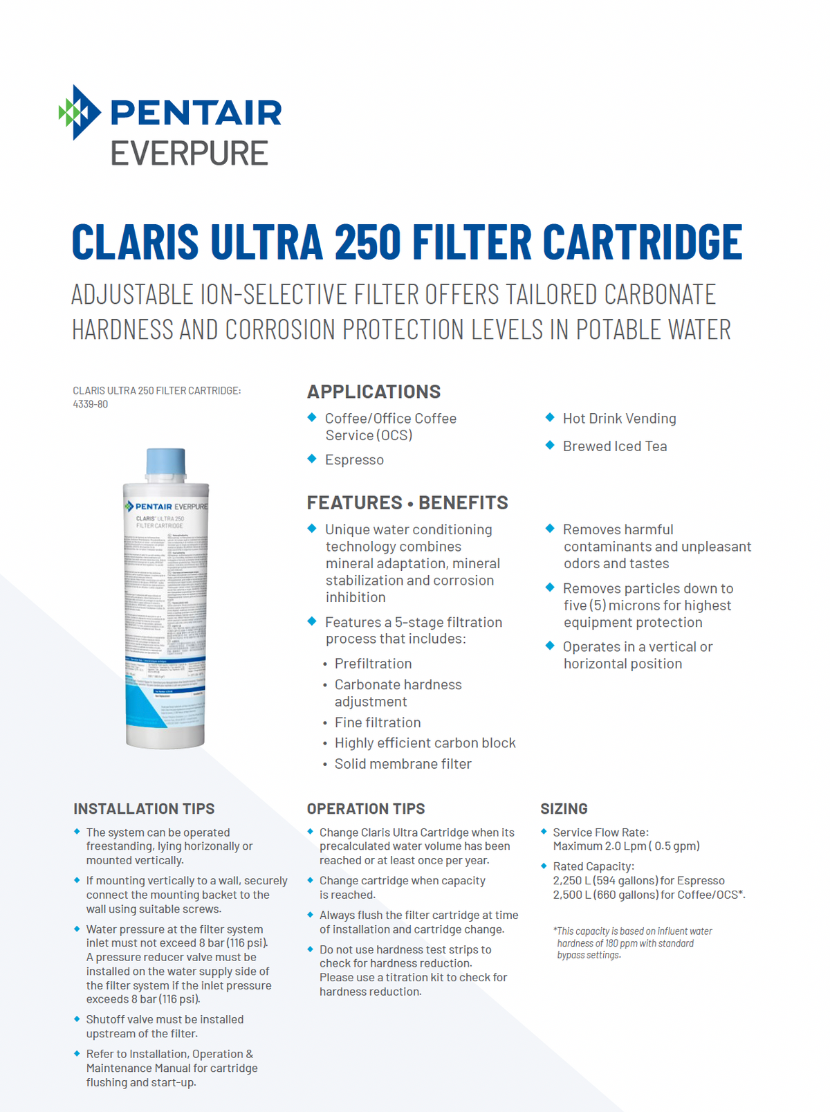 Claris Ultra 250 coffee machine filter cartridge, 5 micron