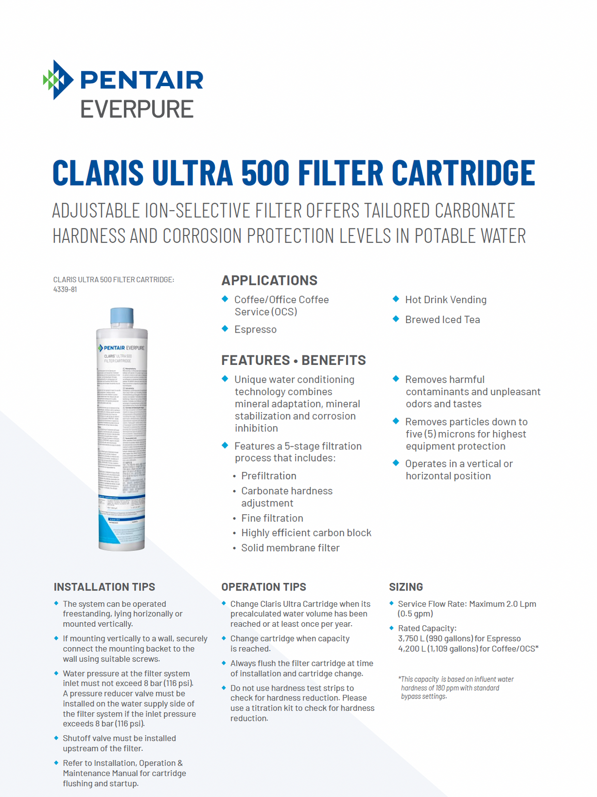 Everpure Claris Ultra water filter cartridge for coffee and espresso machines