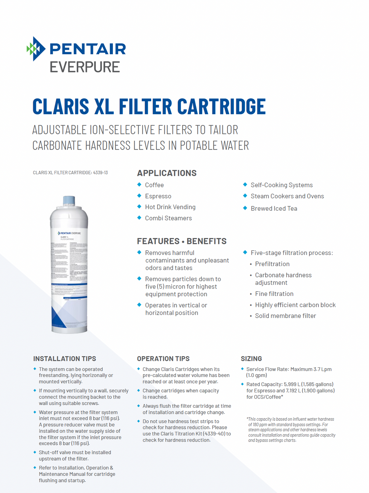 Claris XL filter cartridge for steam cookers and ovens