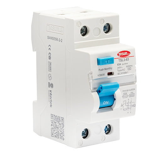 Eurolux Tosun 2 Pole 63A Earth Leakage Unit 6kA 30mA