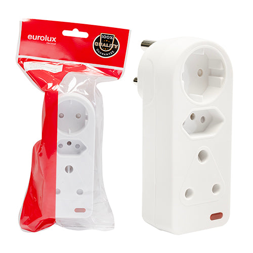 Eurolux Schuko Adaptor – 3 Way 1xSCH 1x16A 3 Pin 1x16A ZA With Indicator Light