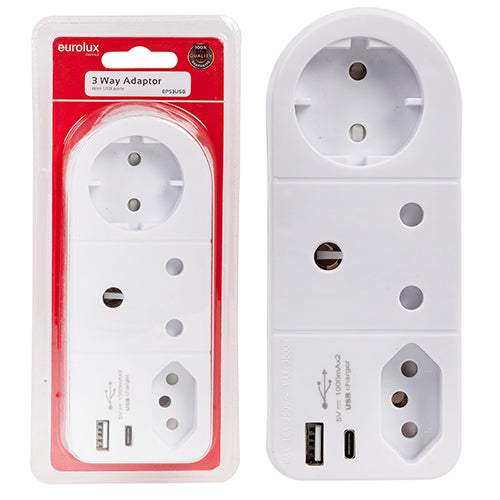 Eurolux 3 Way Adaptor – With 2 USB-C and USB Ports