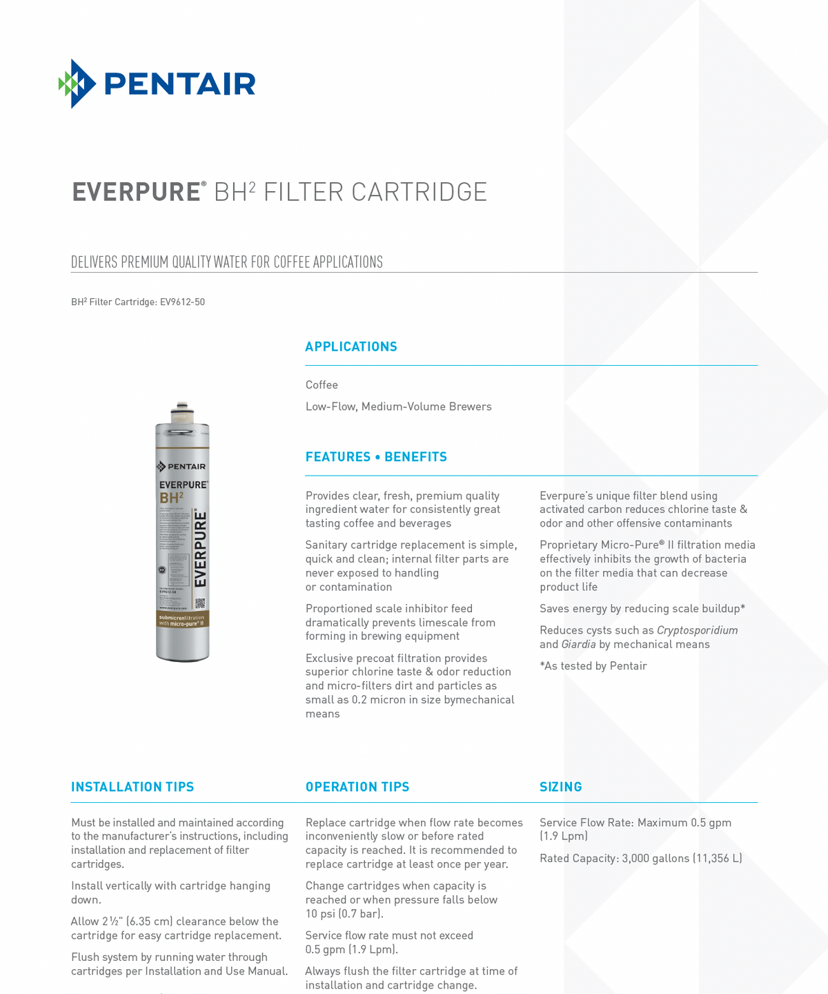 BH2 low-flow coffee brewer filter cartridge, 0.2 micron