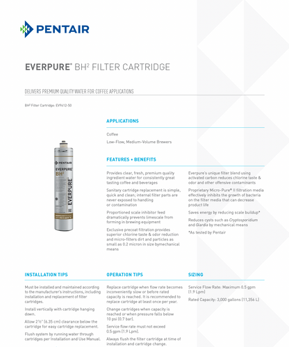 BH2 low-flow coffee brewer filter cartridge, 0.2 micron