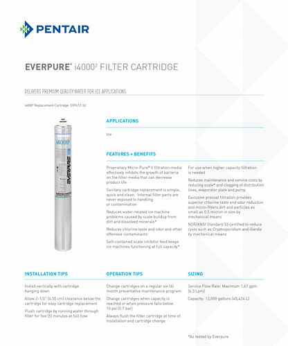 i4000 Everpure ice machine filter, 12,000 gallon capacity