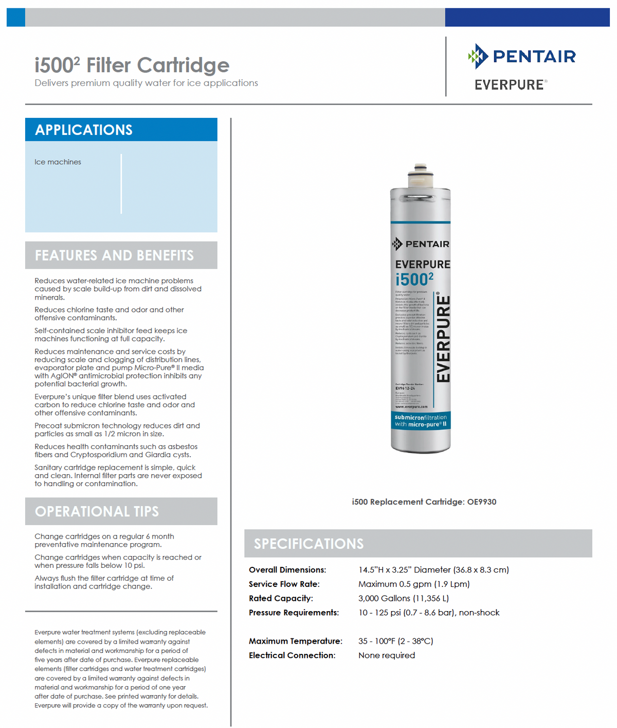 i500 ice machine filter cartridge with scale inhibitor