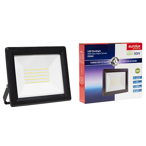 Eurolux 50W LED floodlight with day/night sensor box, black, IP65