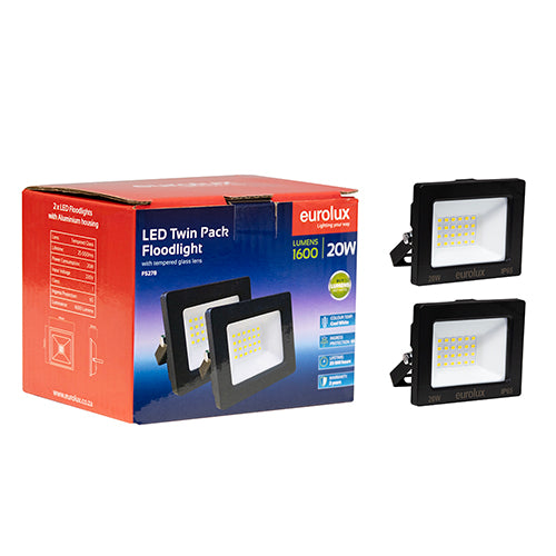 Eurolux twin pack of 20W LED floodlights, black, IP65, 4000K