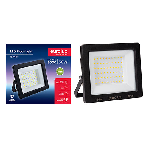 Eurolux 50W LED floodlight, black die-cast aluminium, IP65, 4000K
