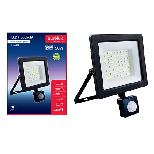 Eurolux 50W LED floodlight with sensor box, black, IP44, 4000K