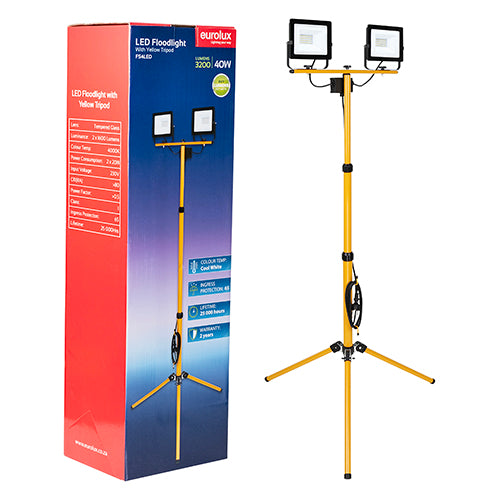 Eurolux twin head 2 x 20W portable LED floodlight on tripod, black and yellow