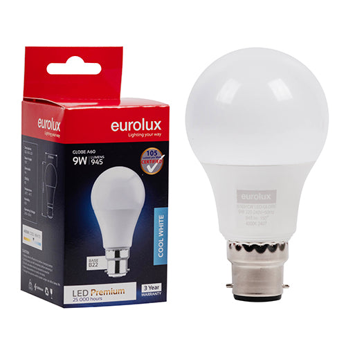 Eurolux A60 Premium 9W LED Bulb – B22 Bayonet, 4000K Cool White