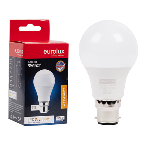 Eurolux A60 Premium 9W LED Bulb – B22 Bayonet, 3000K Warm White