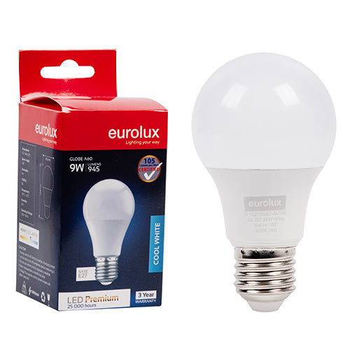 Eurolux A60 Premium 9W LED Bulb – E27 Screw, 4000K Cool White