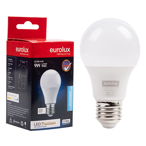 Eurolux A60 Premium 9W LED Bulb – E27 Screw, 6500K Cool Daylight