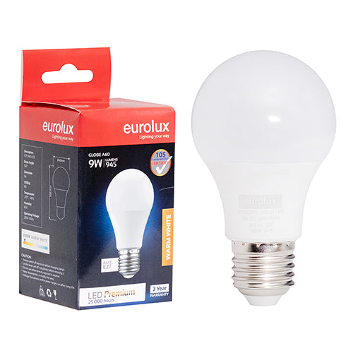 Eurolux A60 Premium 9W LED Bulb – E27 Screw, 3000K Warm White