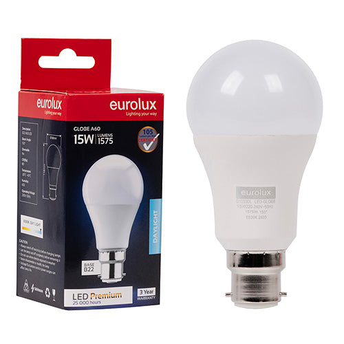 Eurolux A60 Premium 15W LED Bulb – B22 Bayonet, 6500K Cool Daylight