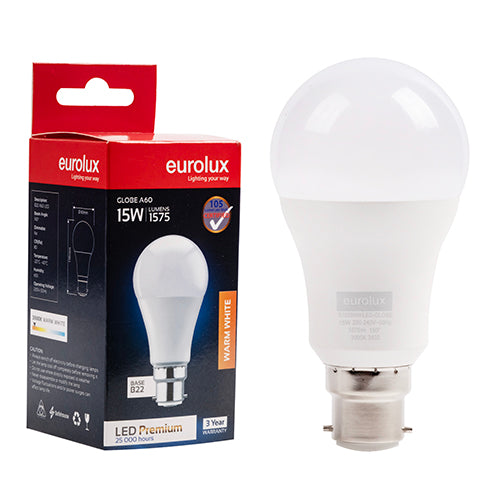 Eurolux A60 Premium 15W LED Bulb – B22 Bayonet, 3000K Warm White