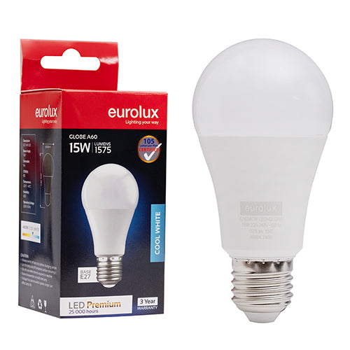 Eurolux A60 Premium 15W LED Bulb – E27 Screw, 4000K Cool White