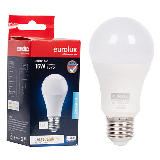Eurolux A60 Premium 15W LED Bulb – E27 Screw, 6500K Cool Daylight
