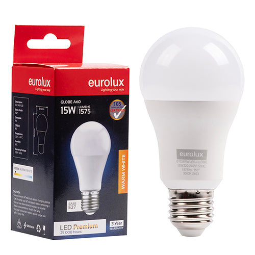 Eurolux A60 Premium 15W LED Bulb – E27 Screw, 3000K Warm White