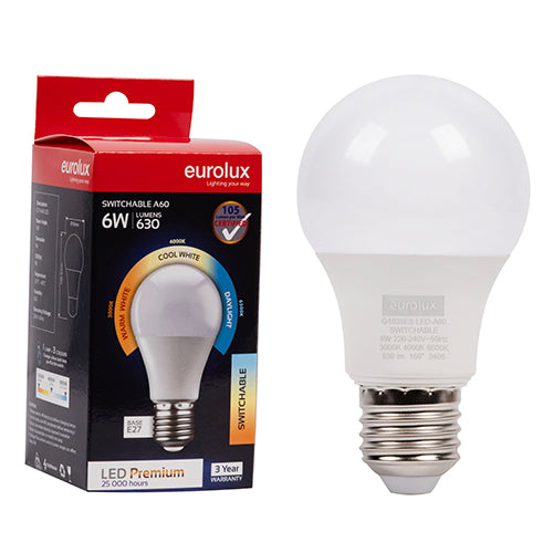 Eurolux A60 Premium Switchable 6W LED Bulb – E27 Screw, 3000K/6500K Switchable