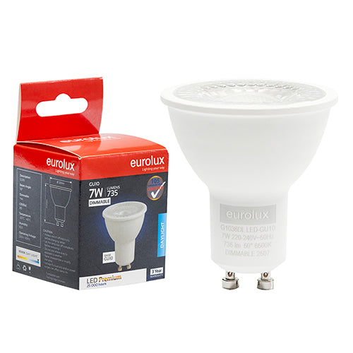 Eurolux GU10 Premium Clear Lens 7W Dimmable LED Lamp – GU10, 6500K Cool Daylight