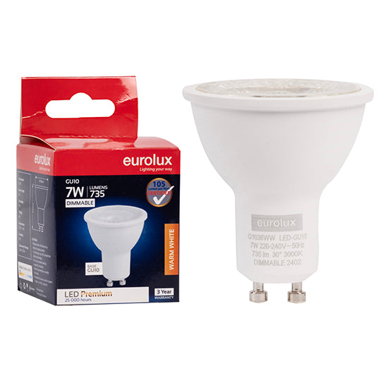 Eurolux GU10 Premium Clear Lens 7W Dimmable LED Lamp – GU10, 3000K Warm White