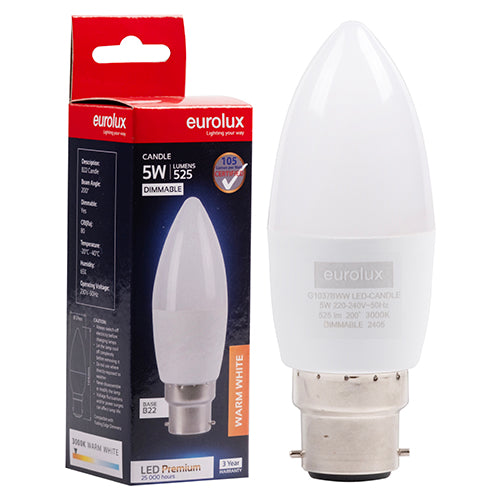 Eurolux Candle Premium 5W Dimmable LED Bulb – B22 Bayonet, 3000K Warm White