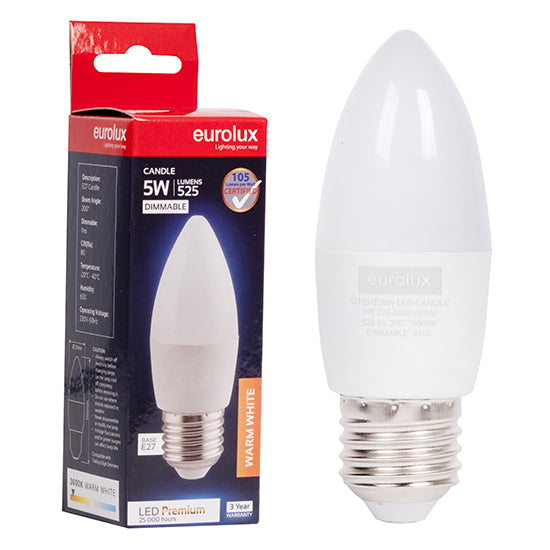 Eurolux Candle Premium 5W Dimmable LED Bulb – E27 Screw, 3000K Warm White