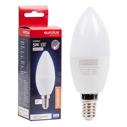 Eurolux Candle Premium 5W Dimmable LED Bulb – E14 Small Screw, 3000K Warm White